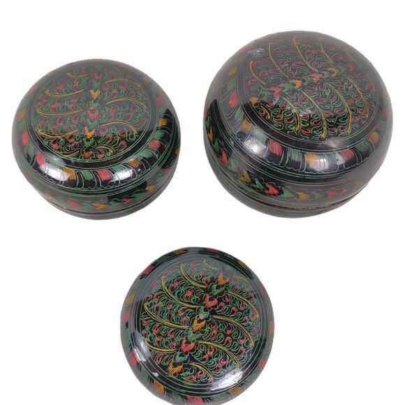 Etched Black Lacquerware Asian Burmese Nesting Betel Kun-It Bowl Boxes 3pc Set - Picture 6 of 8